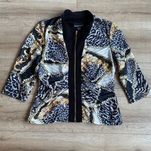 Frank Lyman zip-up sweater jacket animal print gold chains